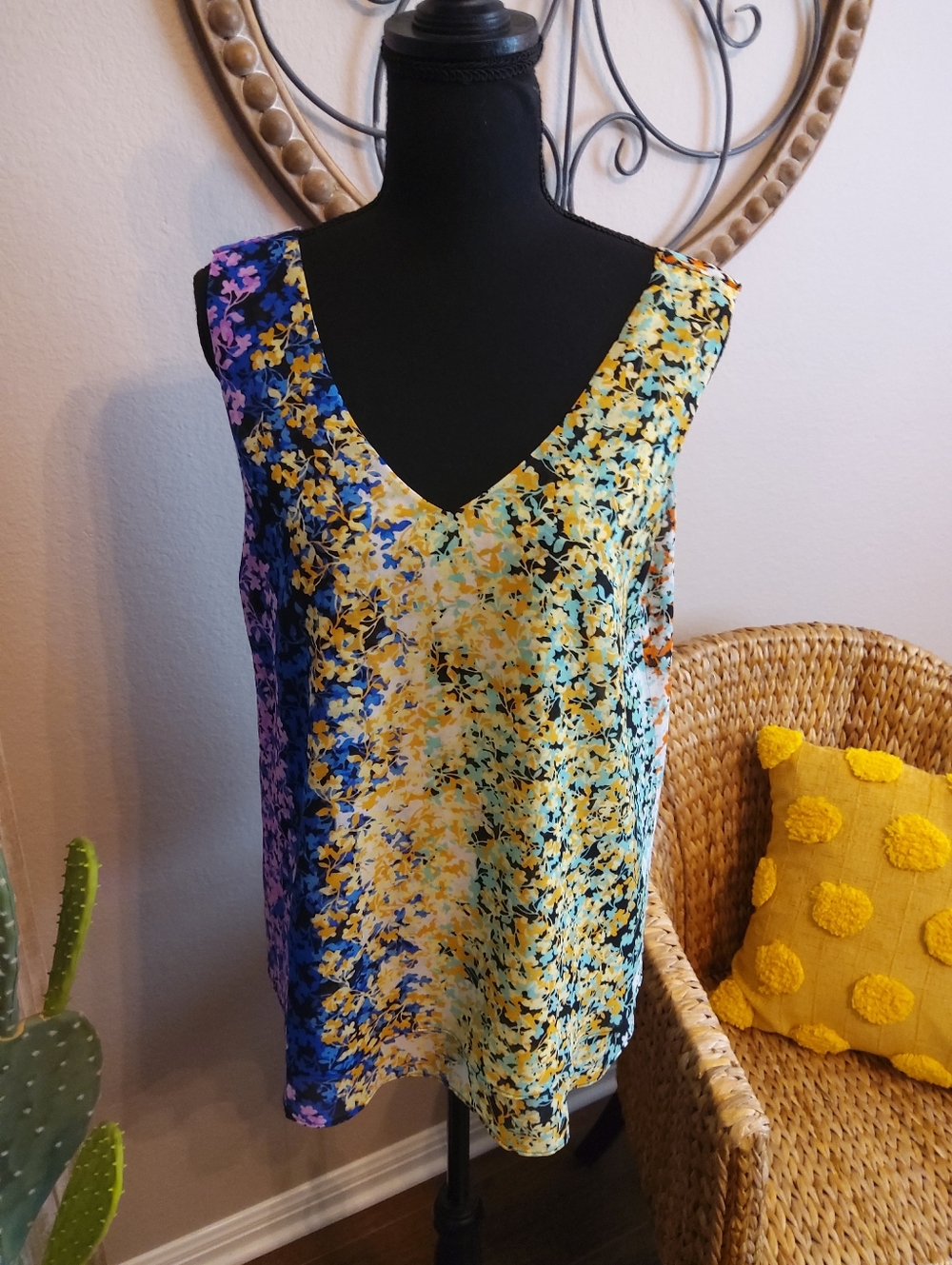 CAbi Floral V-Neck Tank in Turquoise, Orange & Purple